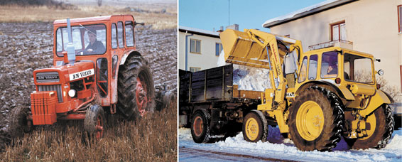 Historiskt Volvo CE-arkivfoto av T600-traktor i fält; bilden är en tvådelad arkivillustration.
